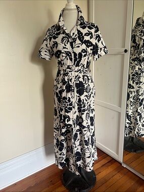 Civico 51 Italian Black White Floral Shirt Dress Belted Midi Pockets Size L NWT